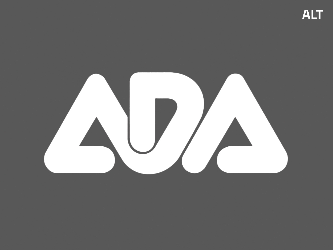 Gezeigt wird das alte Logo von ADA in weiß vor einem grauen Hintergrund. Zu erkennen sind die Buchstaben ADA in morderner miteinander verbundener Art. 
