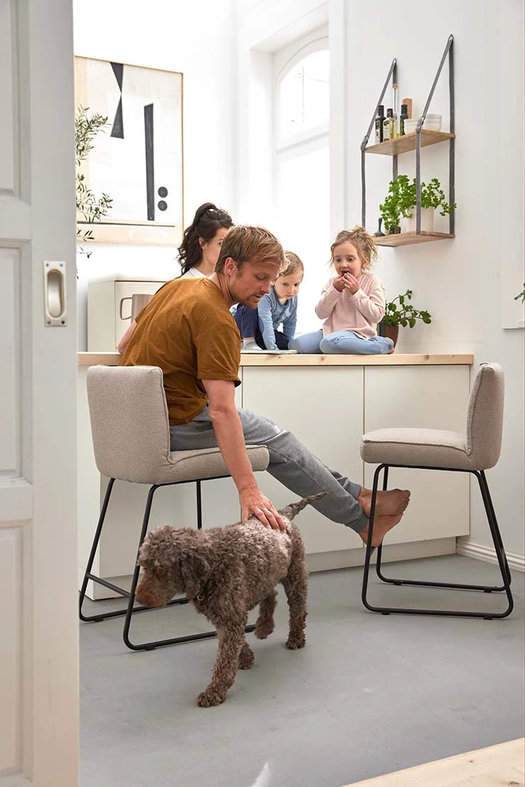 Ein Shootingbild von ADA, auf dem eine Familie an einer Küchetheke sitzt/steht während ein Hund durch den Raum läuft. 