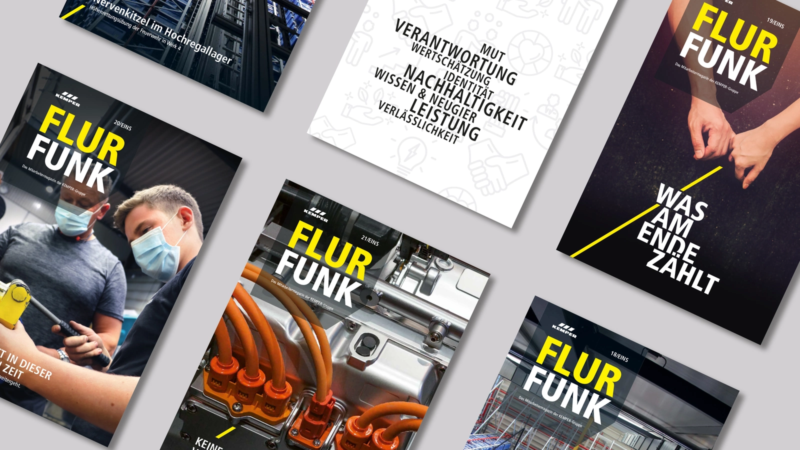 Man sieht verschiedene Cover des Flurfunk-Magazins der Firma Kemper. 