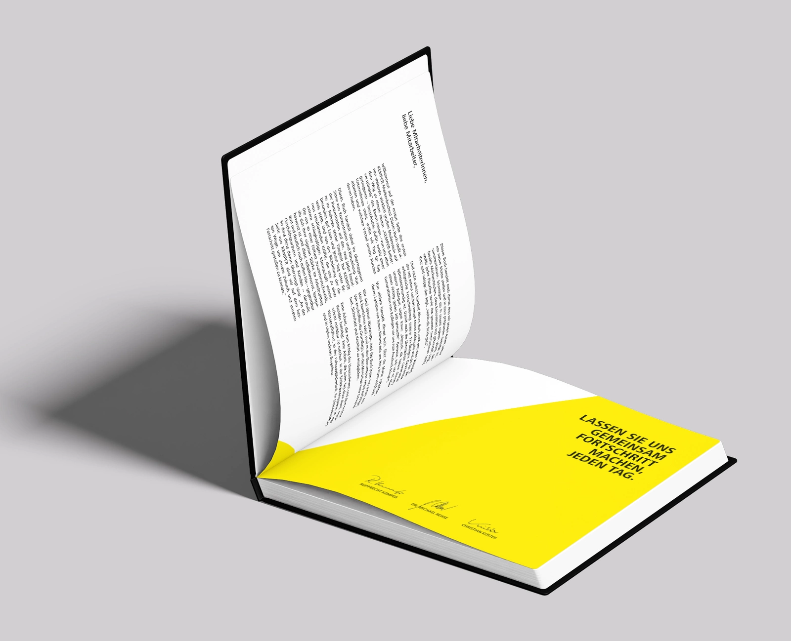 Das Bild zeigt ein aufgeklapptes Markenbuch von Kemper in gelb schwarz.